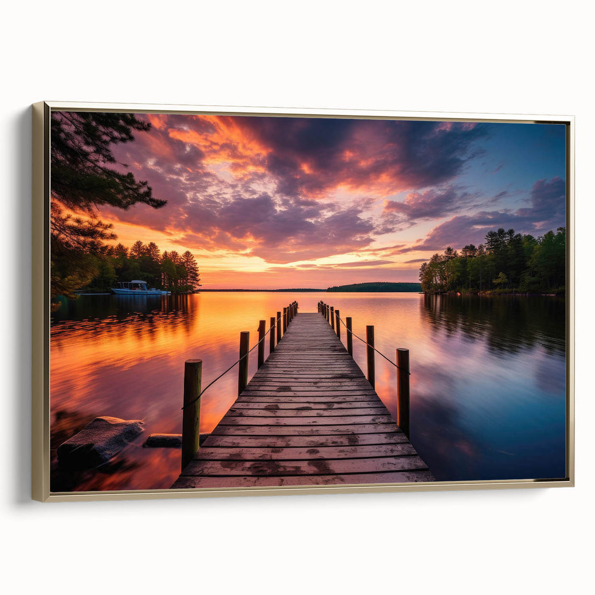 Framed landscape wall art featuring a serene harbor scene with golden accents, showcasing a side view of the canvas, perfect for enhancing home decor aesthetics.