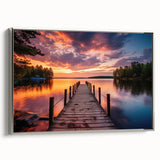 Framed canvas wall art showcasing a serene harbor landscape design, featuring silver accents and a sleek side view, perfect for modern home decor.