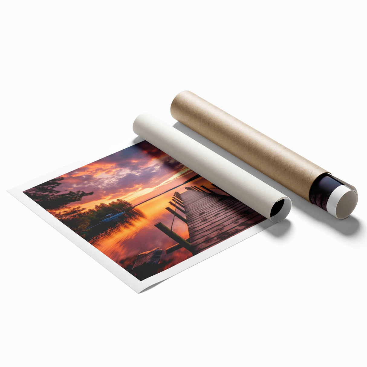 Rolled print showcasing a serene harbor landscape with vibrant blues and greens, ideal for home decor. Packaged in a protective cardboard tube for safe shipping.