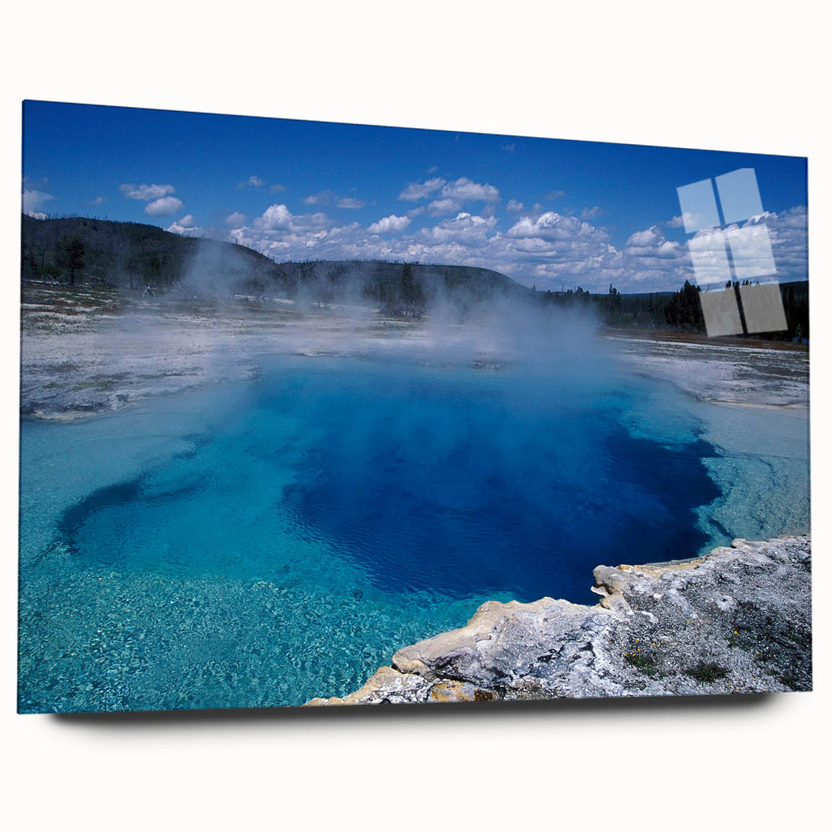 Acrylic glass wall art showcasing a vibrant hot spring landscape design, featuring vivid colors and intricate details. Perfect for modern home decor and nature lovers.