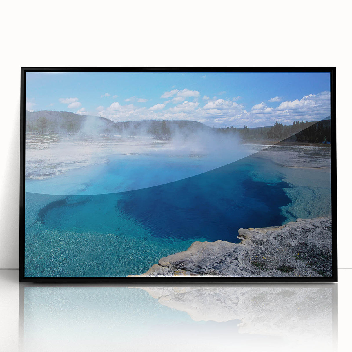 Framed acrylic wall art showcasing a serene hot spring landscape design, featuring vibrant colors and intricate details, perfect for modern home decor.