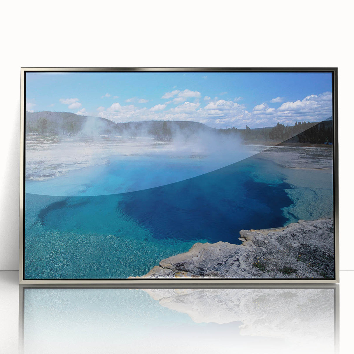 Framed acrylic wall art featuring serene hot spring landscape design with silver accents, perfect for enhancing modern home decor. Ideal for nature lovers.