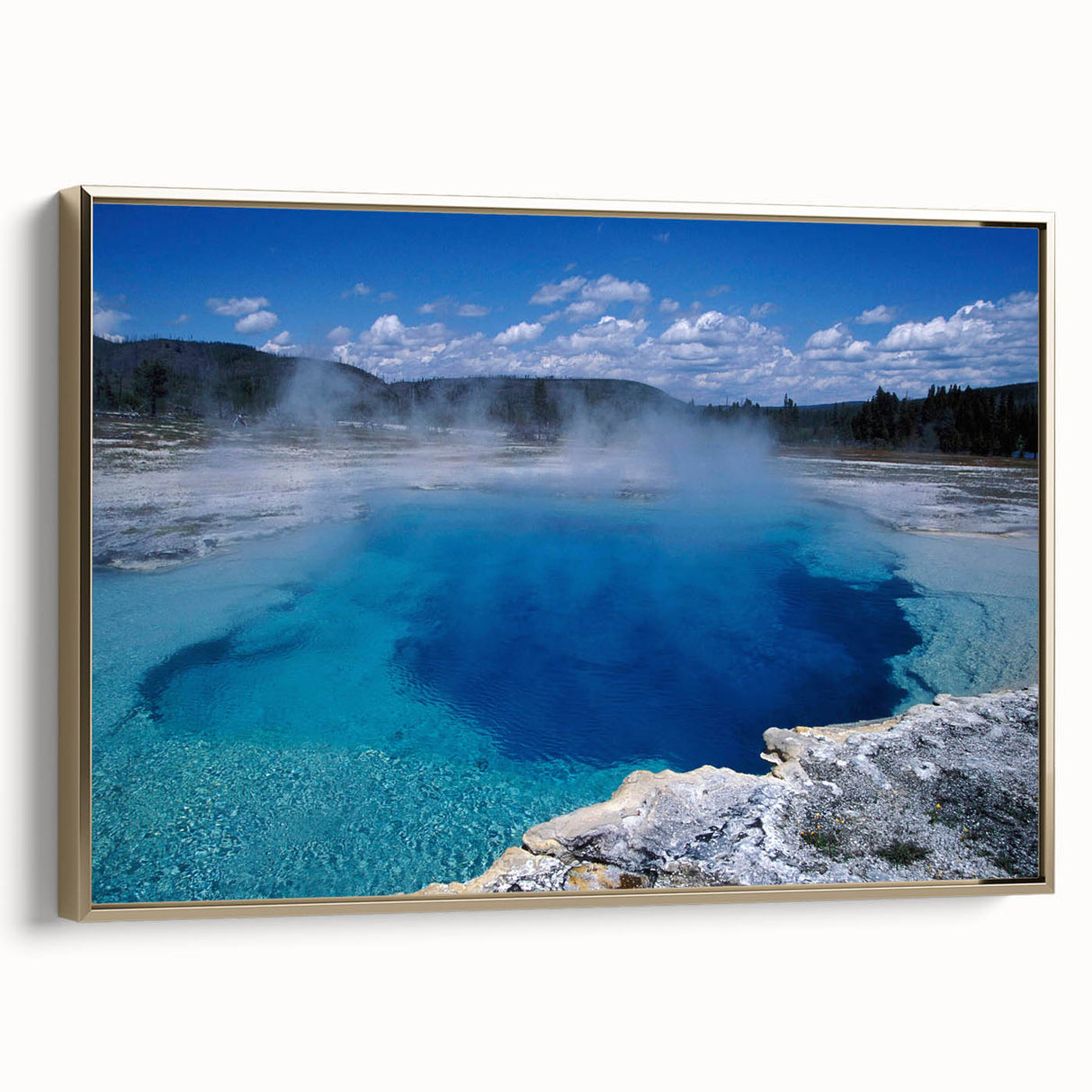 Framed canvas wall art depicting a serene hot spring landscape, featuring lush greenery and gentle water reflections, accented with a gold frame for elegance.