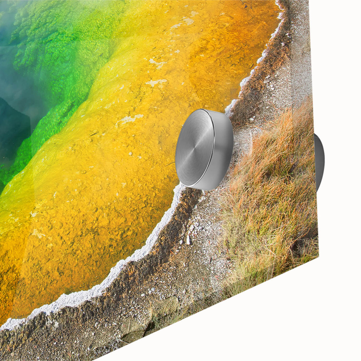 Close-up of a vibrant acrylic wall art piece showcasing a hot spring landscape design, featuring rich colors and intricate details, ideal for modern home decor.