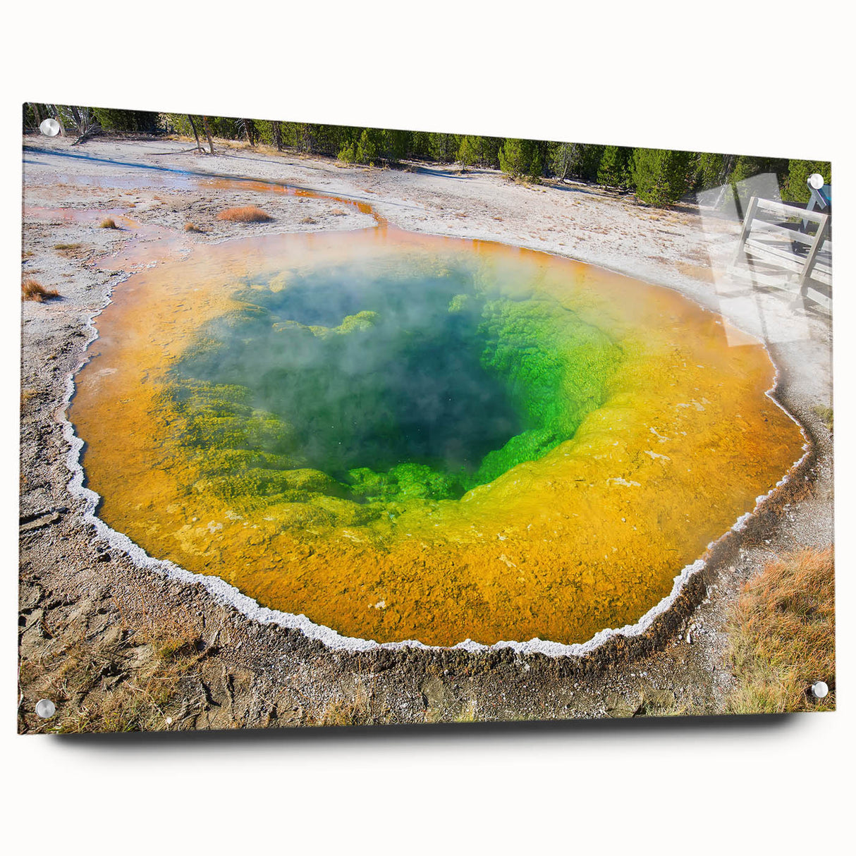 Acrylic glass wall art depicting a serene hot spring landscape, displayed from a side view with decorative pins, ideal for enhancing modern home decor.
