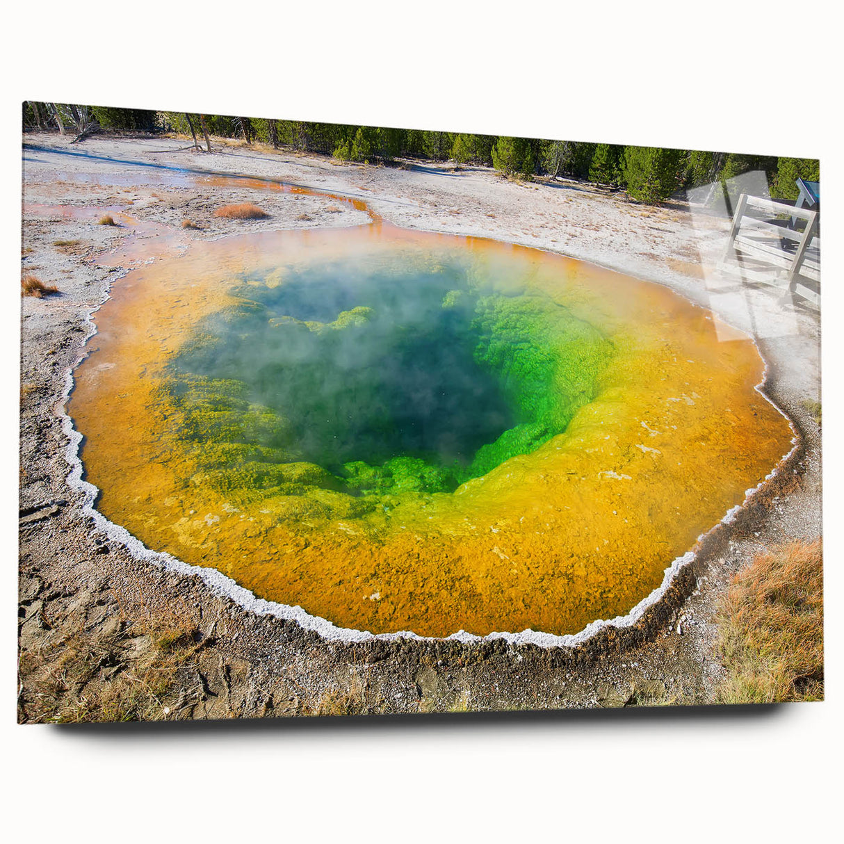 Acrylic wall art showcasing a serene hot spring landscape design, presented in a sleek side view, highlighting vibrant colors and intricate details, perfect for home decor.