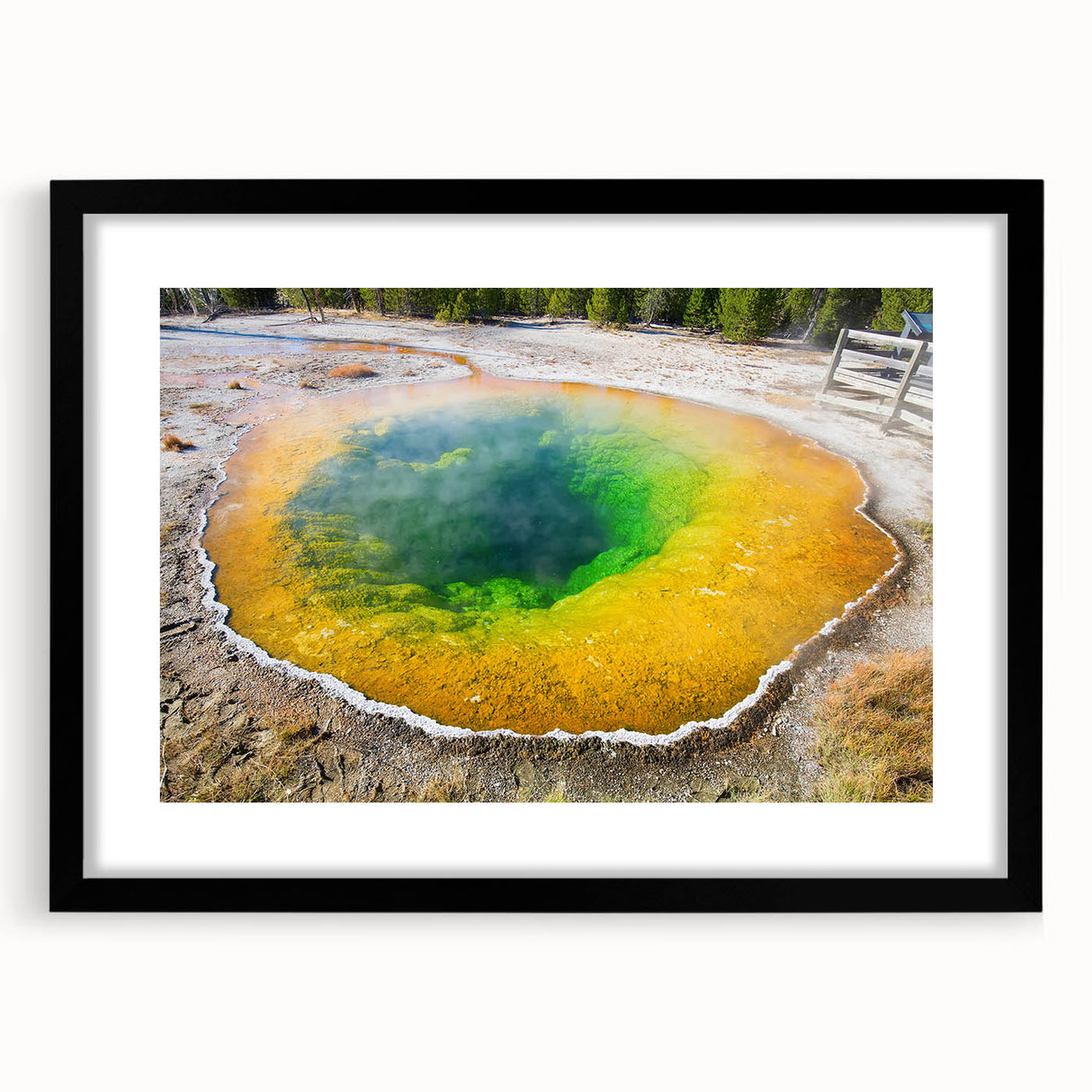 Framed wall art featuring a serene hot spring landscape design with a black mat and sleek black frame, perfect for modern home decor and relaxation themes.