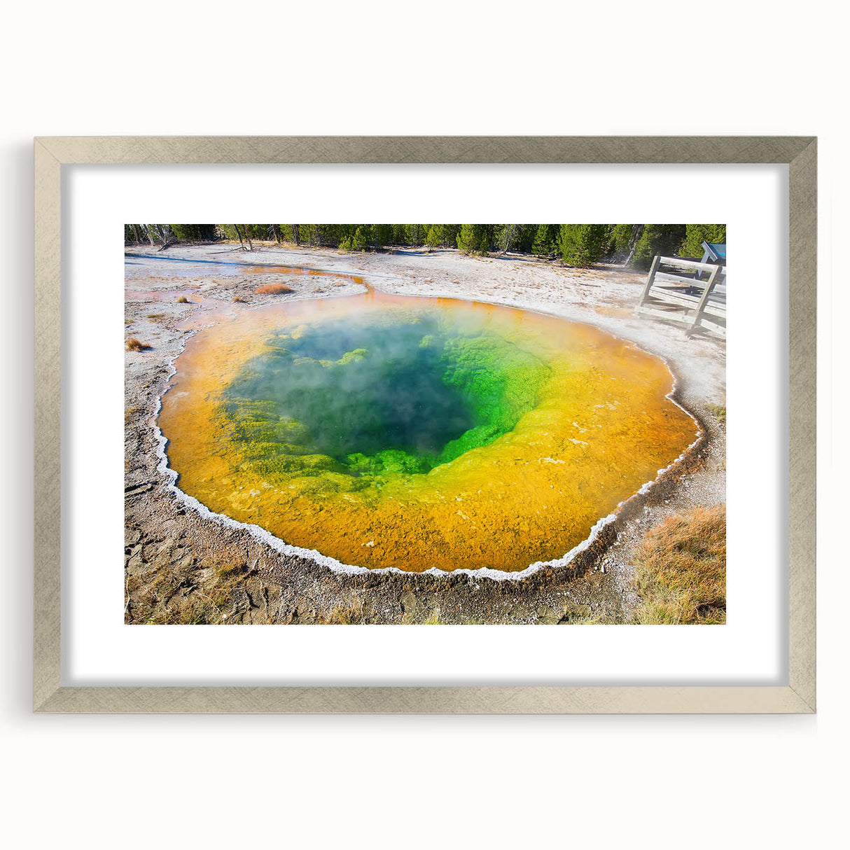 Elegant wall art piece featuring a serene hot spring landscape design, framed in silver with a mat, showcasing tranquil colors and natural beauty. Perfect for enhancing home decor with a calming aesthetic and nature-inspired theme.