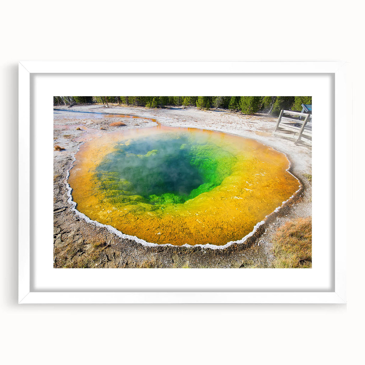 Framed wall art featuring a serene hot spring landscape design, showcasing vibrant colors and intricate details, set against a crisp white mat. Ideal for home decor.