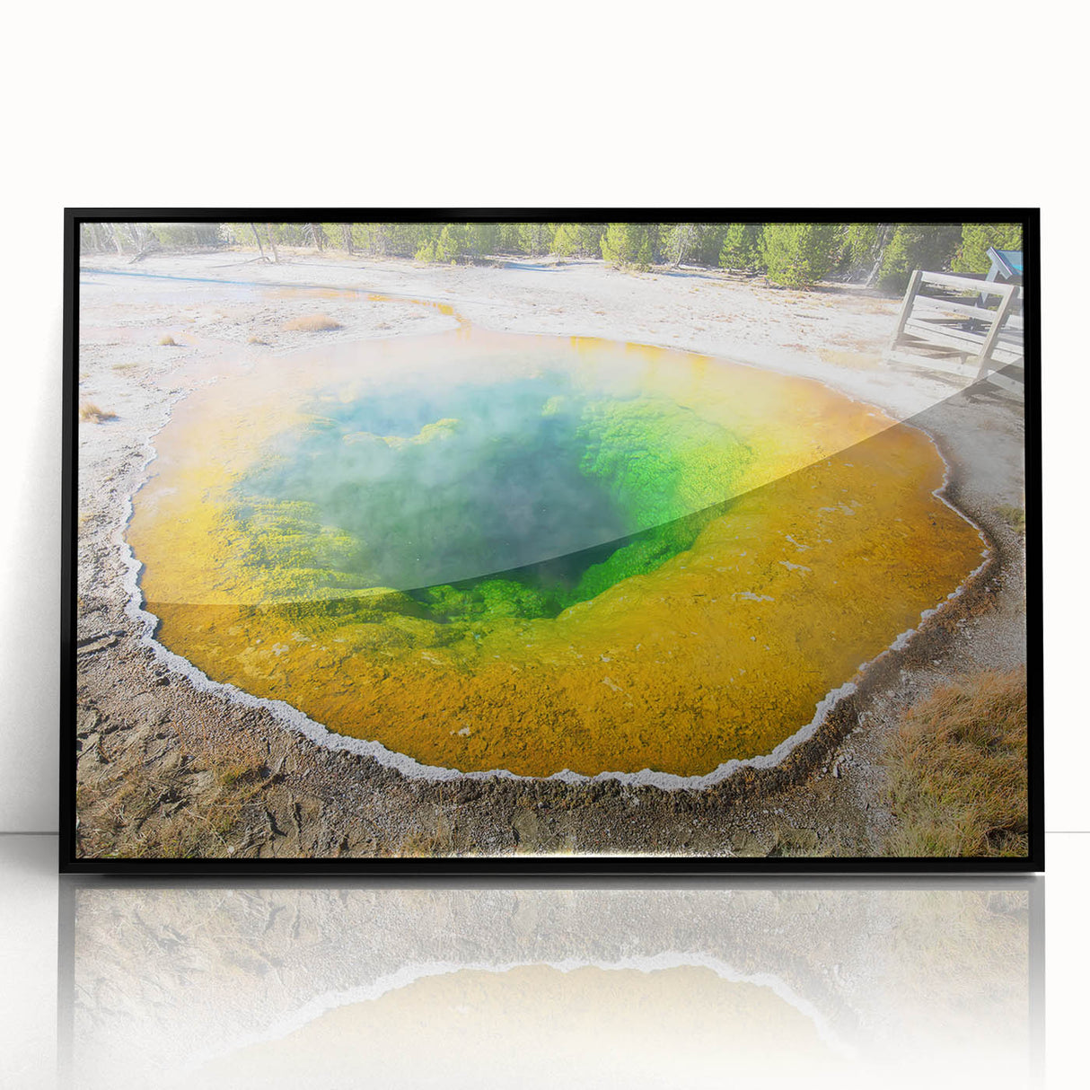 Framed acrylic wall art showcasing a serene hot spring landscape design, featuring vibrant colors and a sleek black frame, ideal for home decor.
