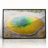 Framed acrylic wall art showcasing a serene hot spring landscape design, featuring vibrant colors and a sleek black frame, ideal for home decor.