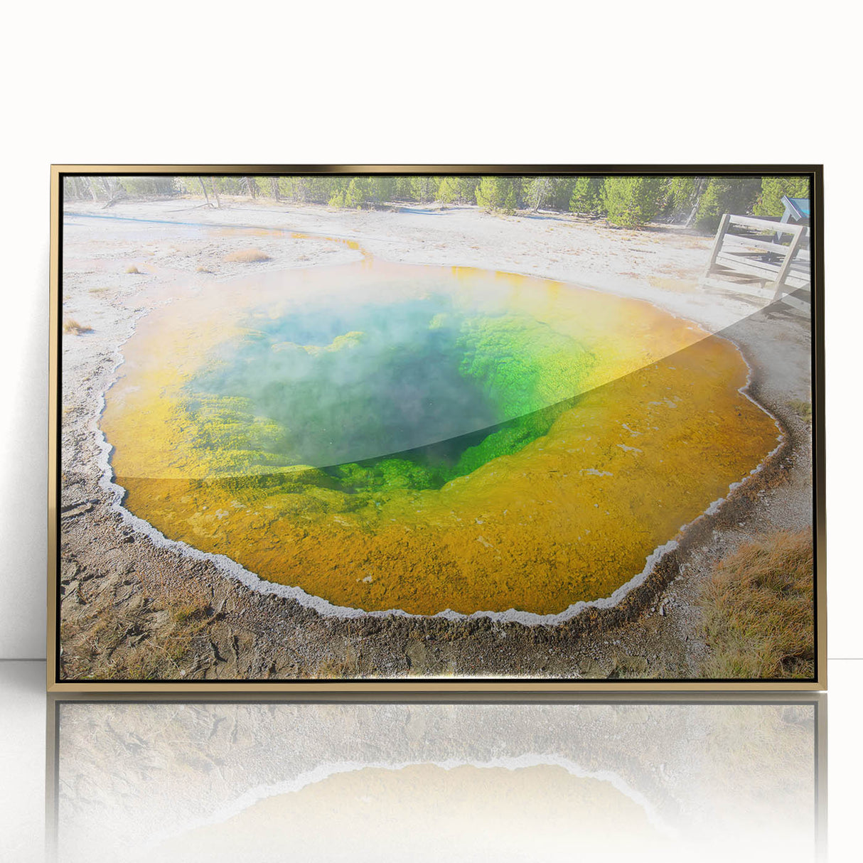 Framed acrylic wall art featuring a serene hot spring landscape with gold accents, perfect for modern home decor. Ideal for adding a tranquil touch to living spaces.