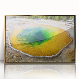 Framed acrylic wall art featuring a serene hot spring landscape with gold accents, perfect for modern home decor. Ideal for adding a tranquil touch to living spaces.