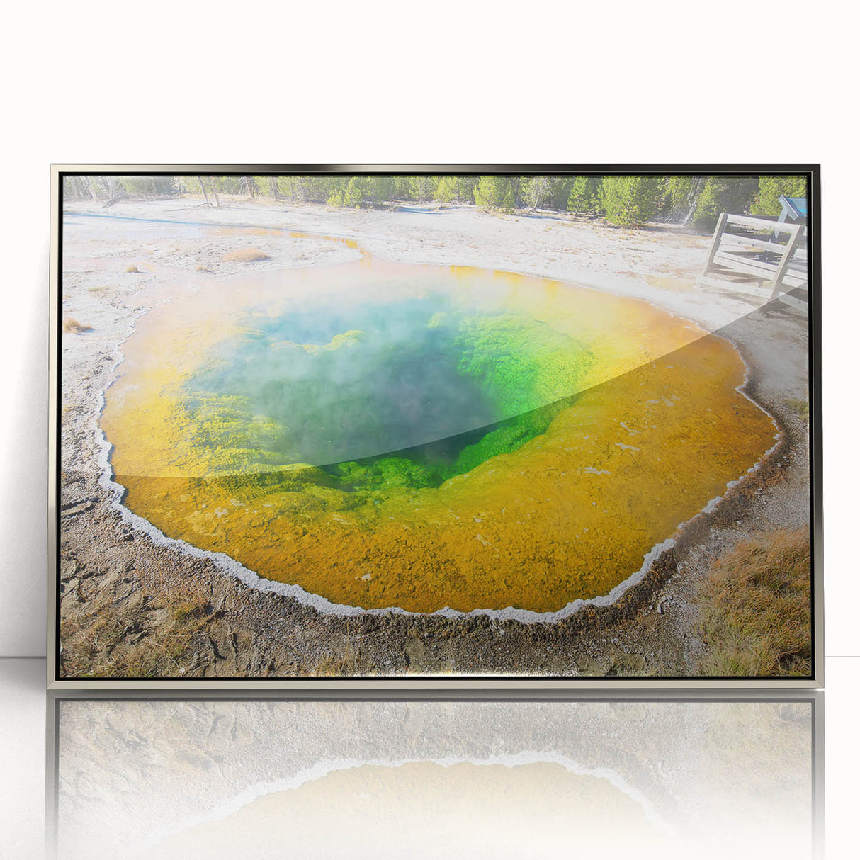 Framed acrylic wall art showcasing a serene hot spring landscape design, featuring vibrant colors and intricate details, perfect for enhancing home decor.