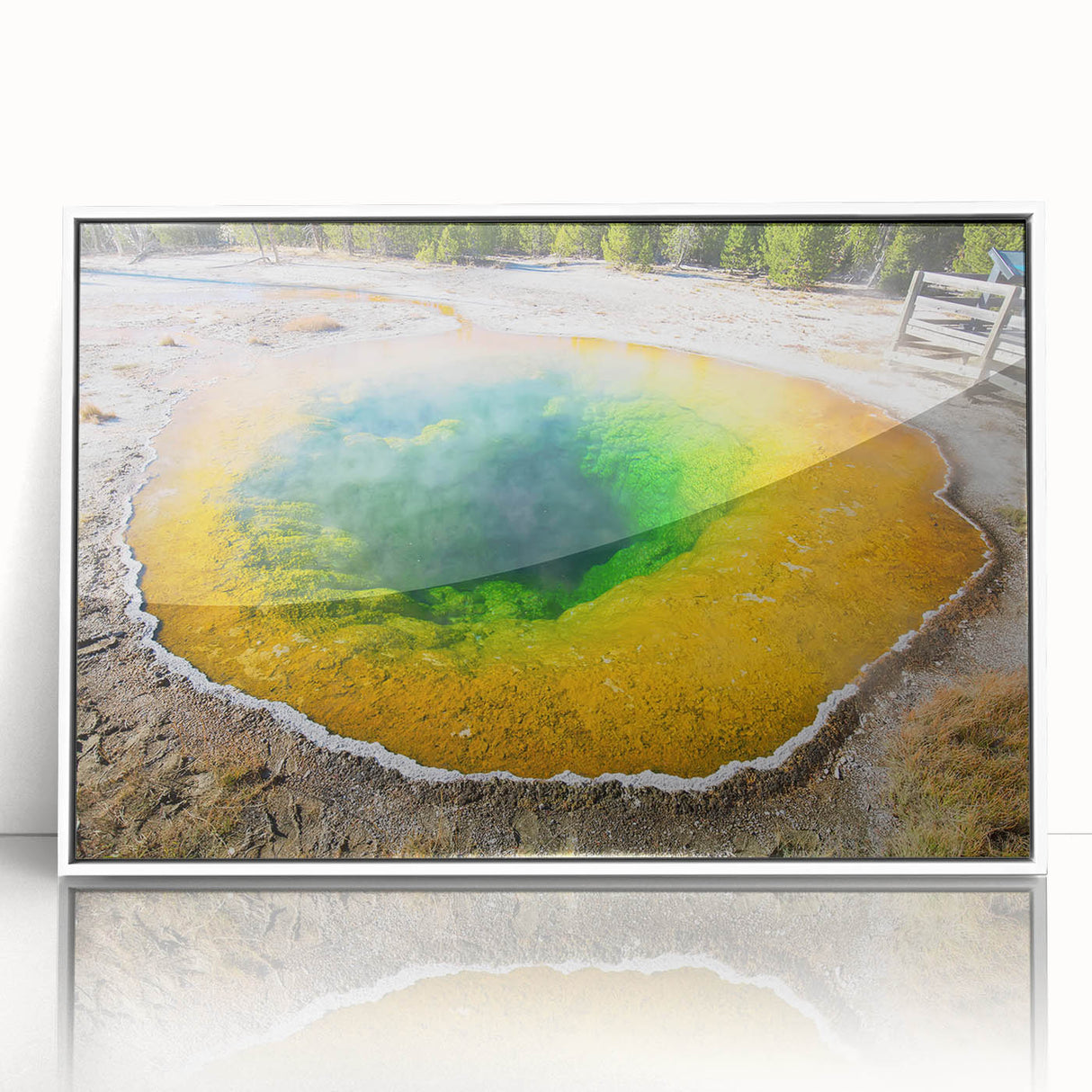Framed acrylic wall art showcasing a serene hot spring landscape design, featuring vibrant colors and intricate details, ideal for enhancing modern home decor.