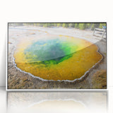 Framed acrylic wall art showcasing a serene hot spring landscape design, featuring vibrant colors and intricate details, ideal for enhancing modern home decor.