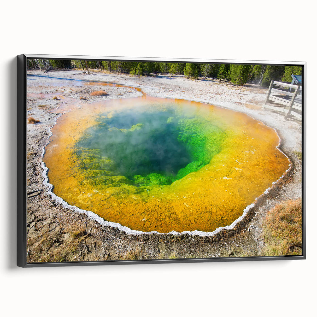 Framed canvas wall art showcasing a serene hot spring landscape design, featuring vibrant colors and intricate details, perfect for home decor and relaxation themes.