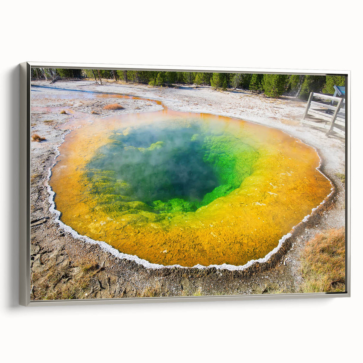 Framed canvas wall art showcasing a serene hot spring landscape design, featuring vibrant colors and a silver frame, perfect for enhancing home decor. The artwork captures the tranquil essence of nature, ideal for relaxation-themed interiors.