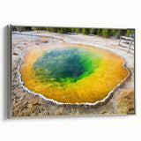 Framed canvas wall art showcasing a serene hot spring landscape design, featuring vibrant colors and a silver frame, perfect for enhancing home decor. The artwork captures the tranquil essence of nature, ideal for relaxation-themed interiors.