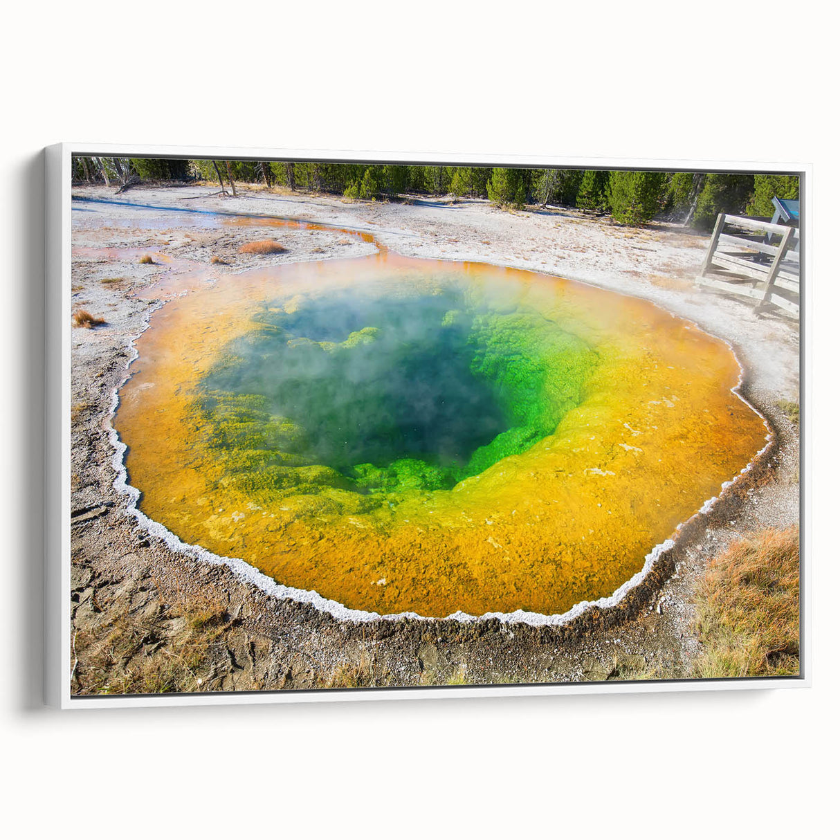 Framed wall art showcasing a serene hot spring landscape, featuring calming blues and greens, perfect for enhancing home decor with a nature-inspired theme.