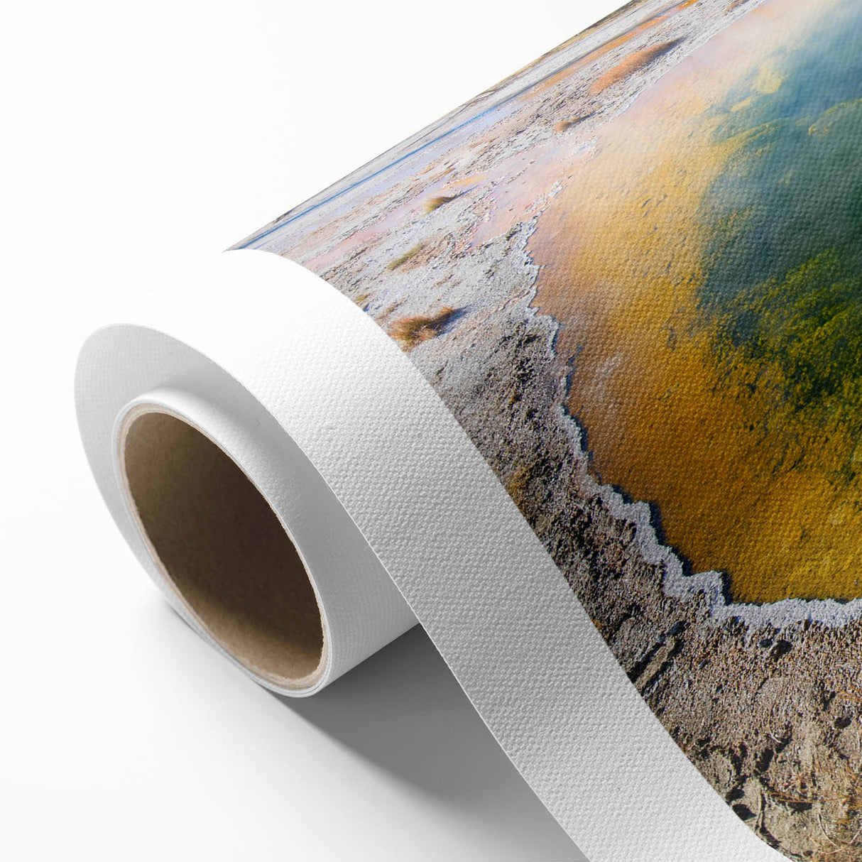 Vibrant rolled canvas art showcasing a serene hot spring landscape design, perfect for home decor, featuring lush greenery and tranquil waters, rolled for easy framing.