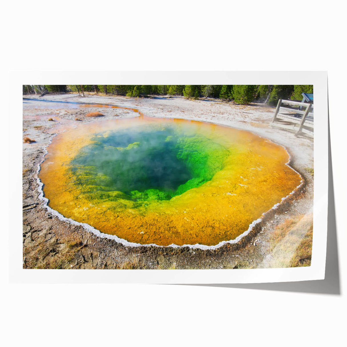 Rolled print showcasing a serene hot spring landscape, featuring vibrant colors and intricate details, designed for wall art display in home decor.