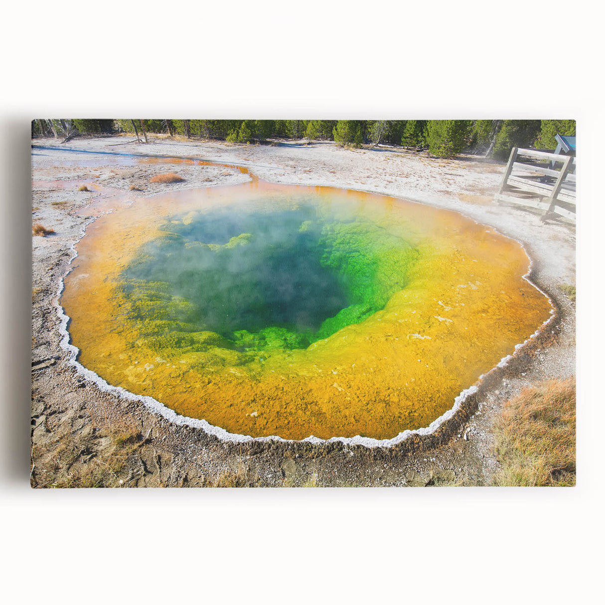 Stretched canvas artwork showcasing a vibrant hot spring landscape design, featuring rich colors and intricate details, perfect for enhancing home decor.