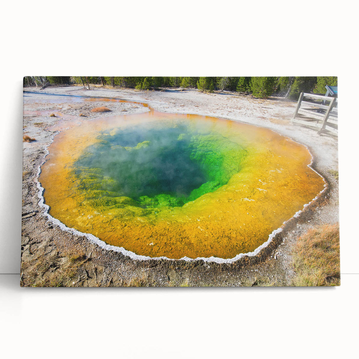 Stretched canvas wall art showcasing a serene hot spring landscape, with vibrant colors and intricate details, perfect for home decor or relaxation spaces.