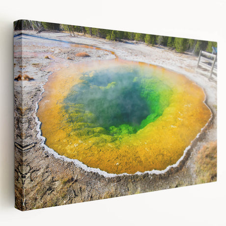 Stretched canvas wall art featuring a serene hot spring landscape design, showcasing vibrant colors and natural scenery, ideal for home decor enthusiasts.
