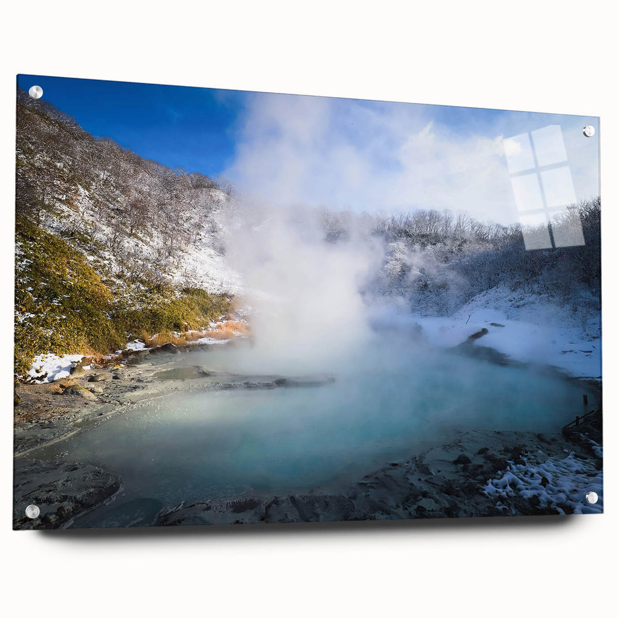 Acrylic glass wall art featuring a vibrant hot spring landscape design, displayed in a modern side view with pin attachments, perfect for contemporary home decor.