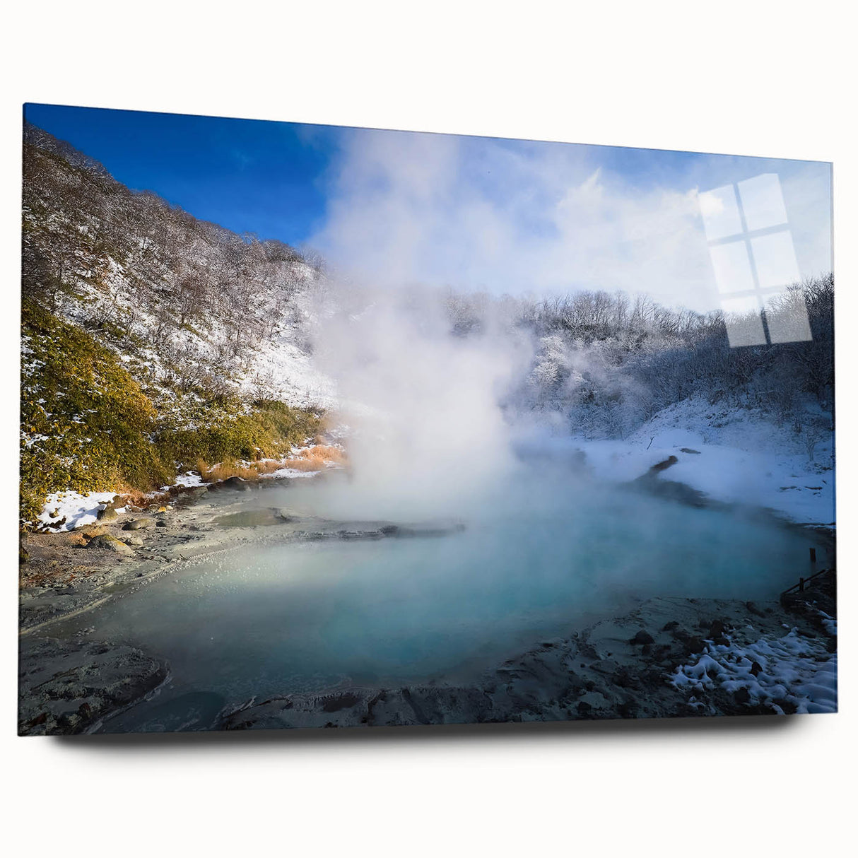 Acrylic wall art showcasing a serene hot spring landscape design in vibrant colors, elegantly displayed from a side view, perfect for modern home decor.