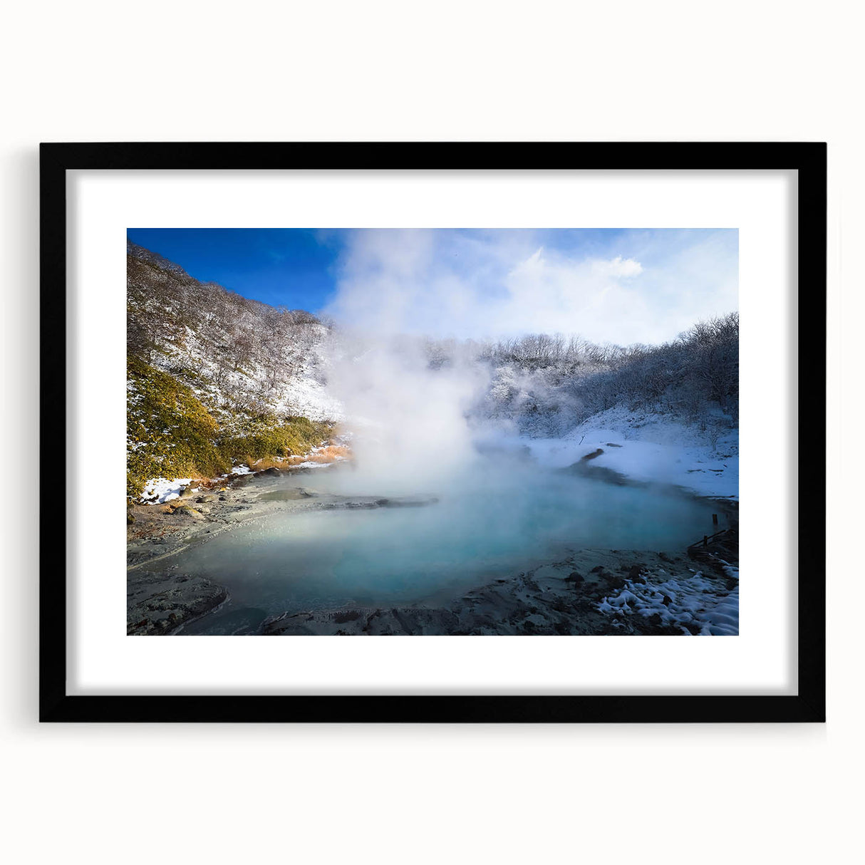 Framed wall art featuring a serene hot spring landscape design, presented in a sleek black frame with a mat, perfect for enhancing home decor and relaxation themes.
