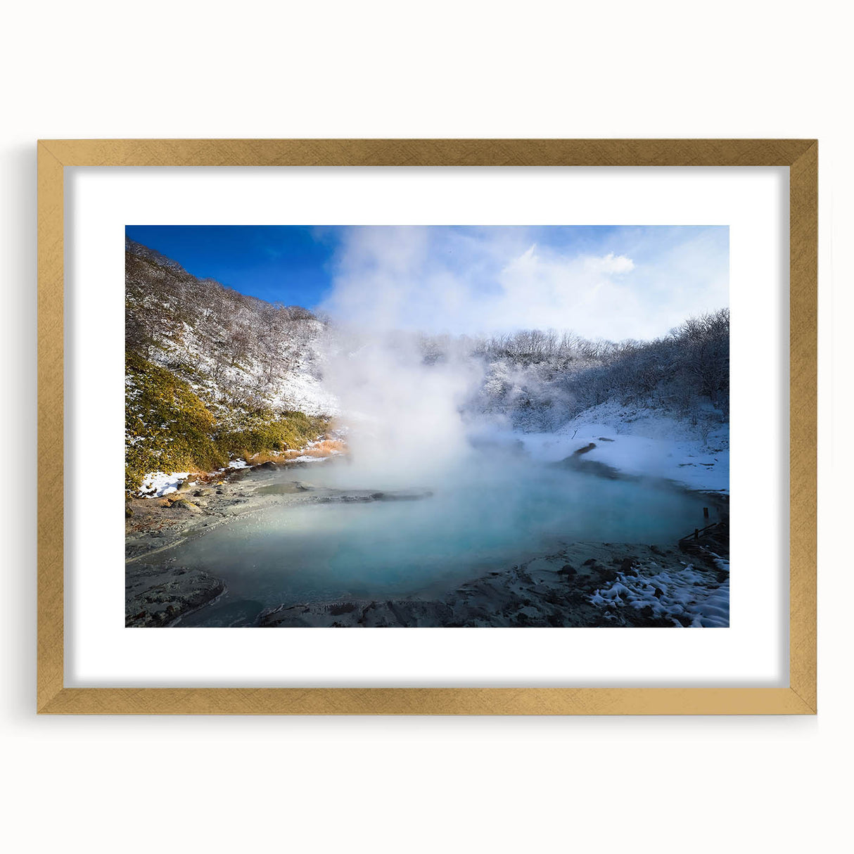 Framed wall art showcasing a serene hot spring landscape design, featuring a luxurious gold mat and frame, perfect for enhancing contemporary home decor.