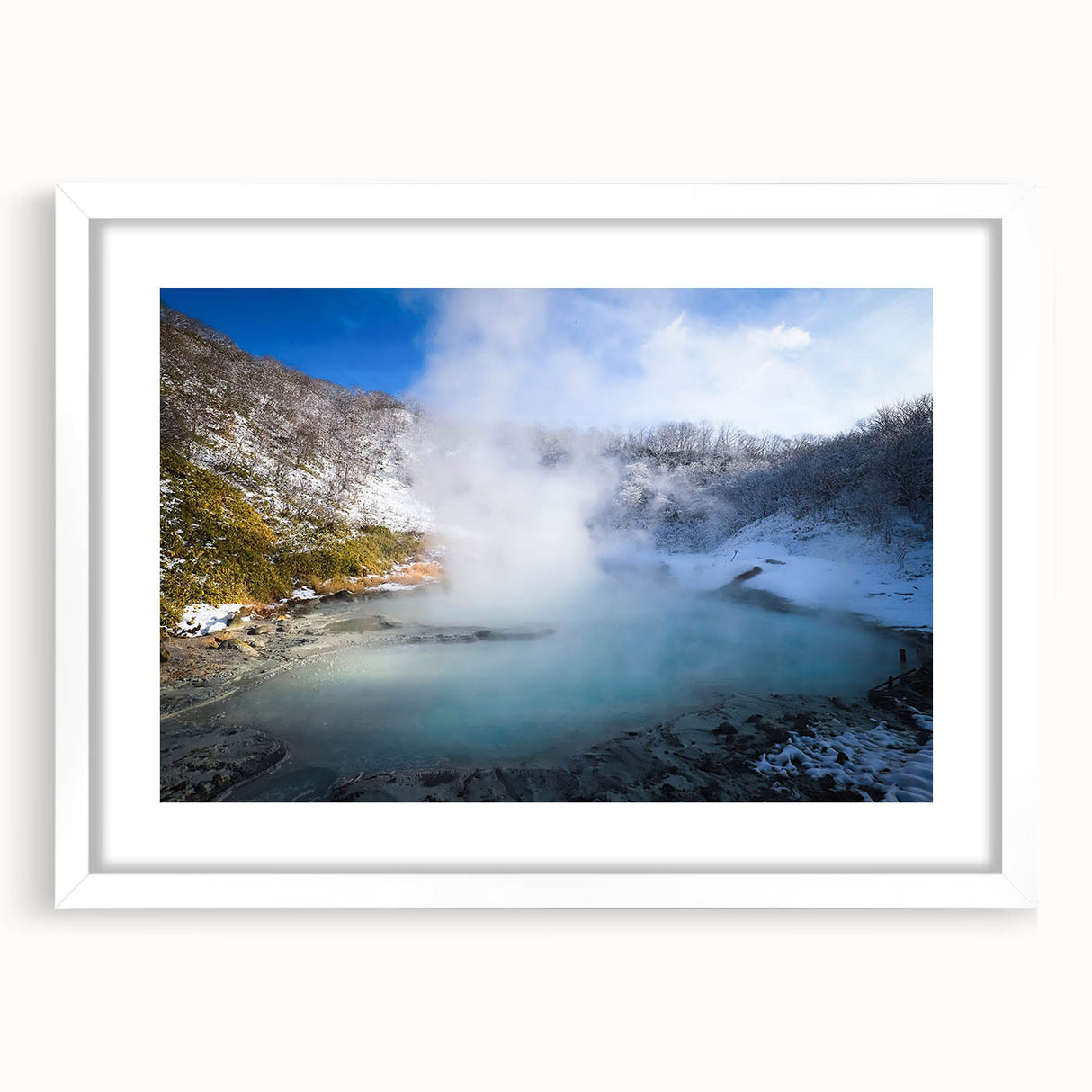 Framed wall art showcasing a serene hot spring landscape design with a white mat, perfect for home decor, adding a tranquil touch to any room.