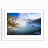 Framed wall art showcasing a serene hot spring landscape design with a white mat, perfect for home decor, adding a tranquil touch to any room.