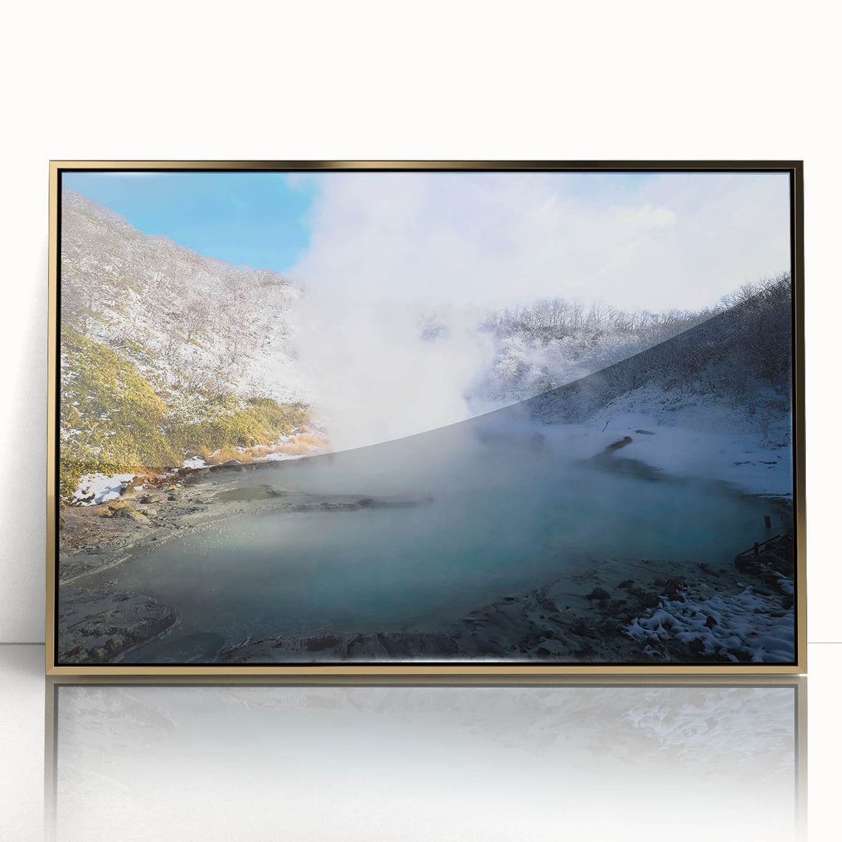 Framed wall art featuring a serene hot spring landscape design with vibrant colors and a sleek gold frame, perfect for enhancing modern home decor.