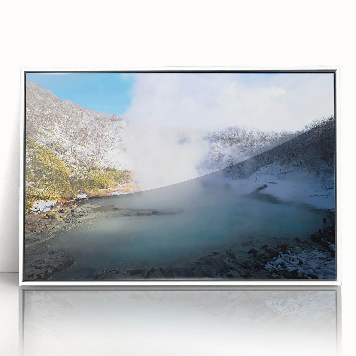 Framed acrylic wall art featuring a serene hot spring landscape design, showcasing vibrant colors and intricate details, ideal for home decor or relaxation spaces.