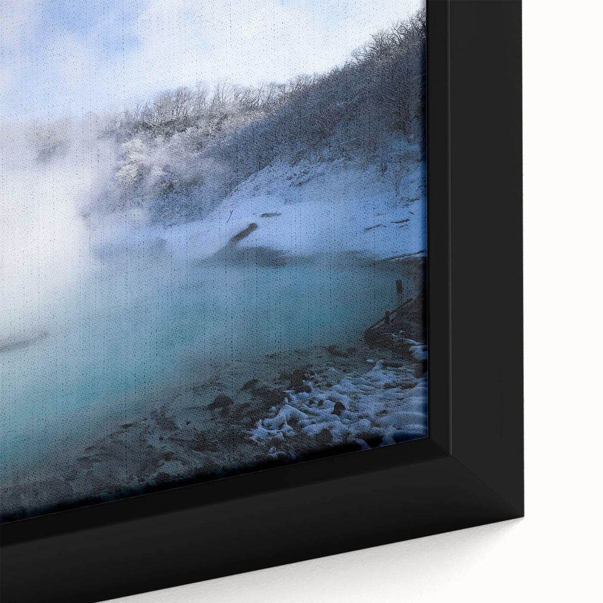 Close-up of a framed canvas art piece showcasing a vibrant hot spring landscape design, featuring rich colors and intricate details, perfect for home decor.