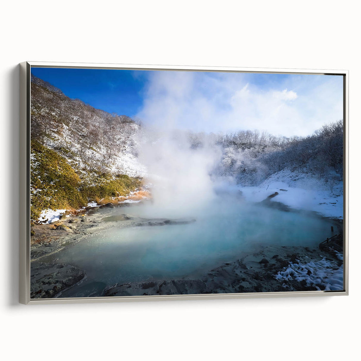 Framed canvas wall art showcasing a serene hot spring landscape with calming colors and silver accents, enhancing any modern decor. Ideal for nature lovers.