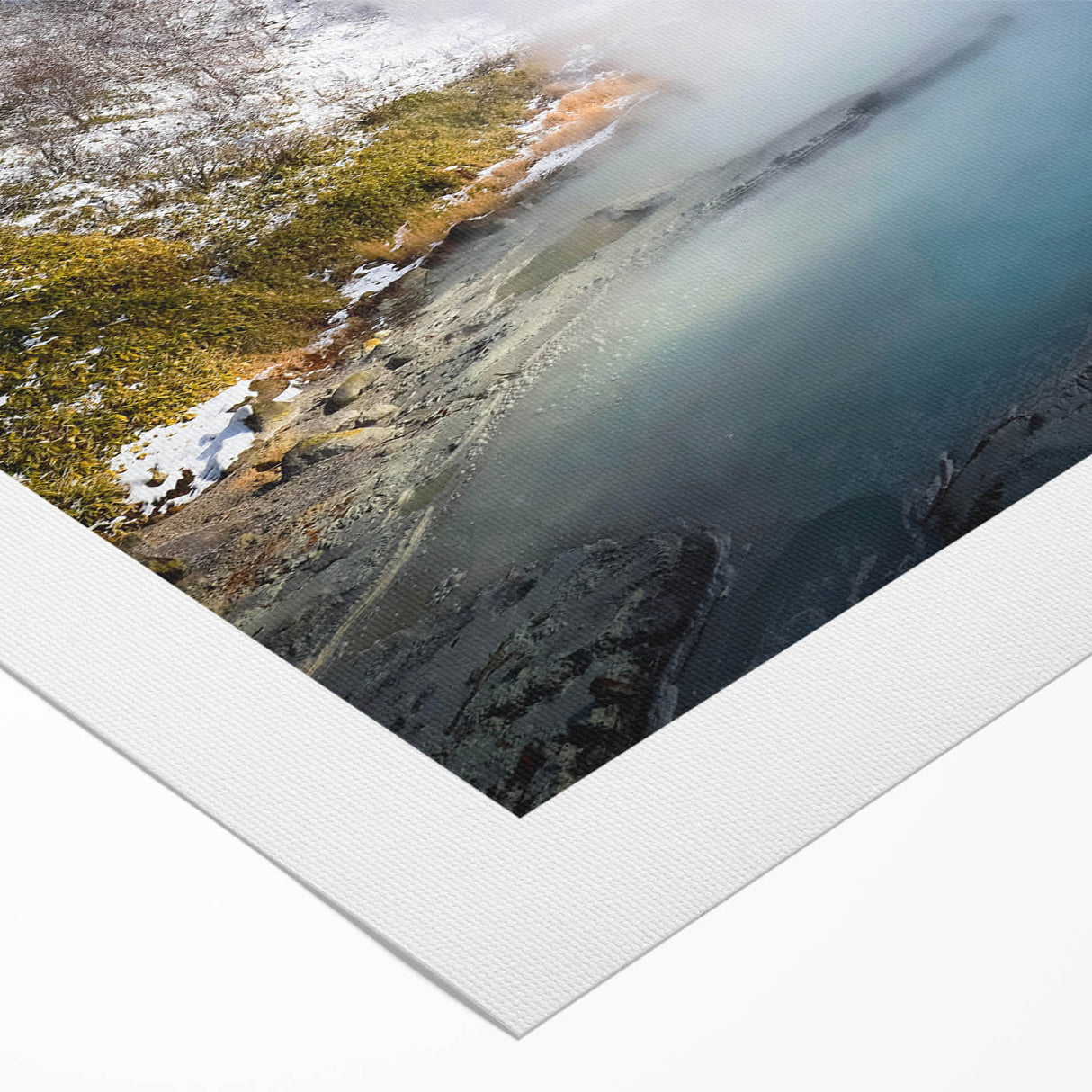 Vibrant rolled canvas showcasing a serene hot spring landscape design, featuring lush greenery and gentle water reflections, ideal for home decor enhancement.