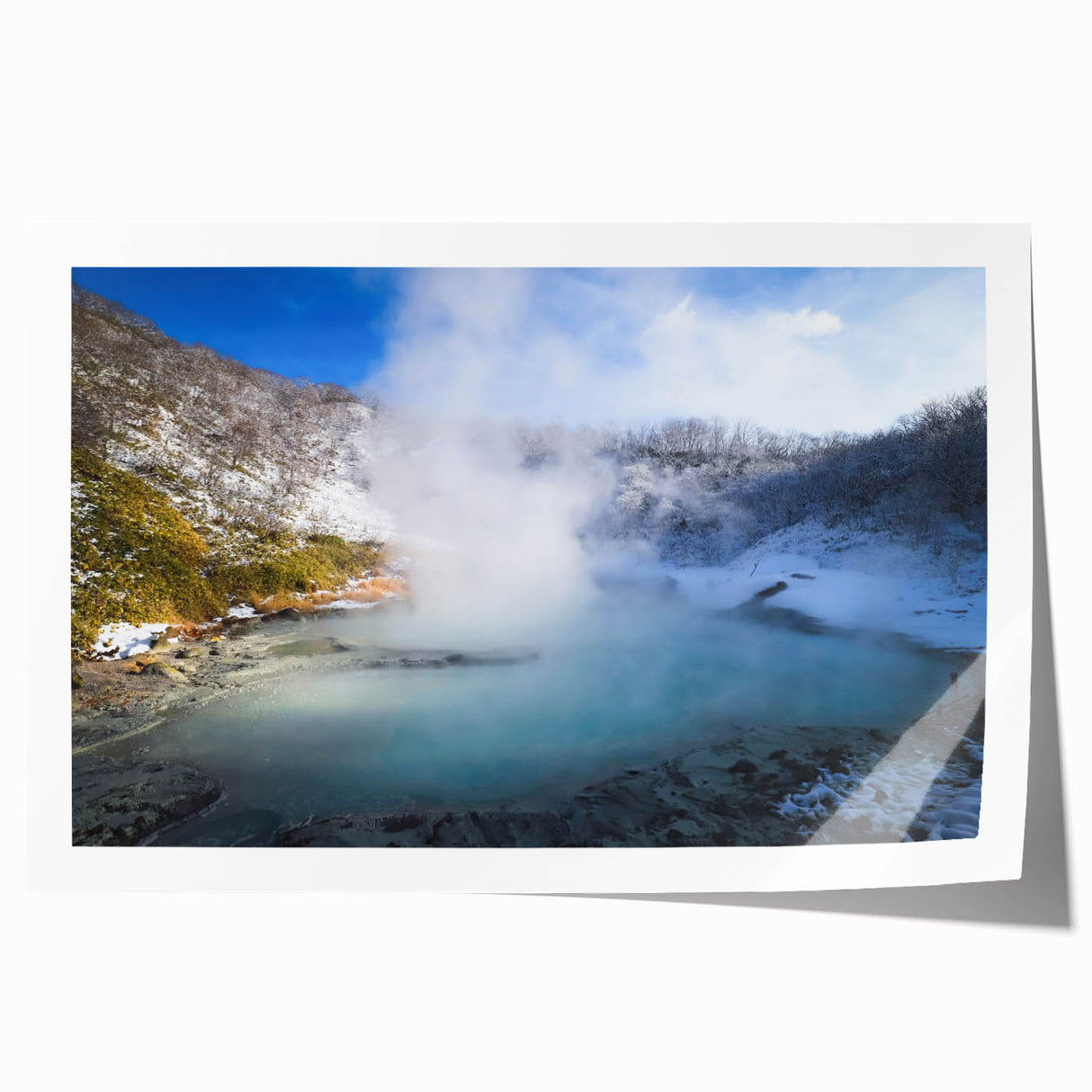 A vibrant rolled canvas print showcasing a serene hot spring landscape with lush greenery and calming blue water, perfect for home decor. The artwork is elegantly designed to evoke tranquility and relaxation, ideal for nature lovers.