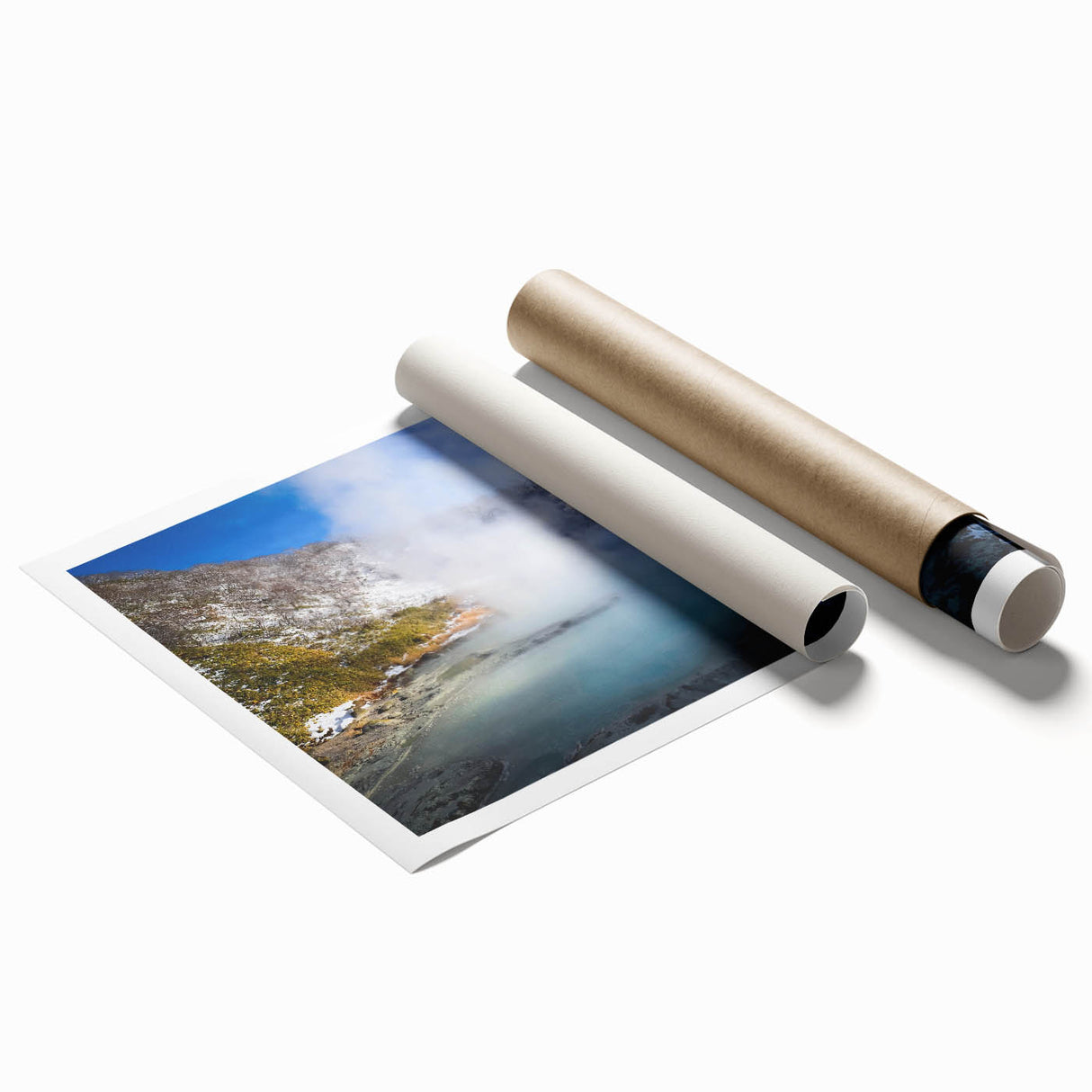 Stunning rolled print of a tranquil hot spring landscape, showcasing vibrant blues and greens, perfect for enhancing home decor with nature's serenity.