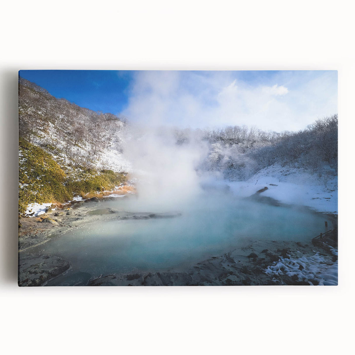 Stretched canvas wall art showcasing a serene hot spring landscape design with vibrant colors and soothing natural elements. Ideal for home decor, this piece evokes tranquility and invites relaxation.
