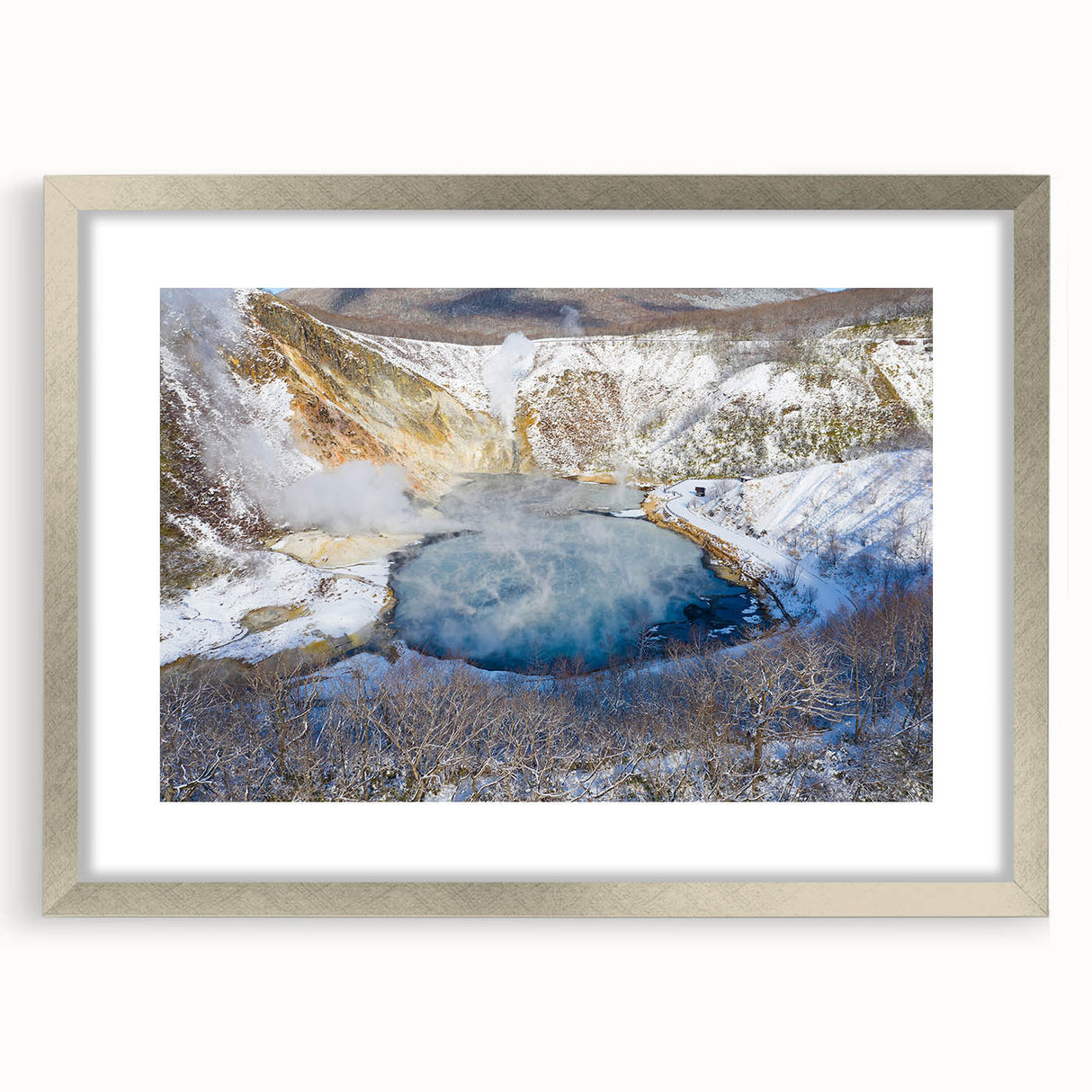 Framed wall art collection featuring a serene hot spring landscape design, with a silver frame and mat, ideal for home decor and relaxation themes.