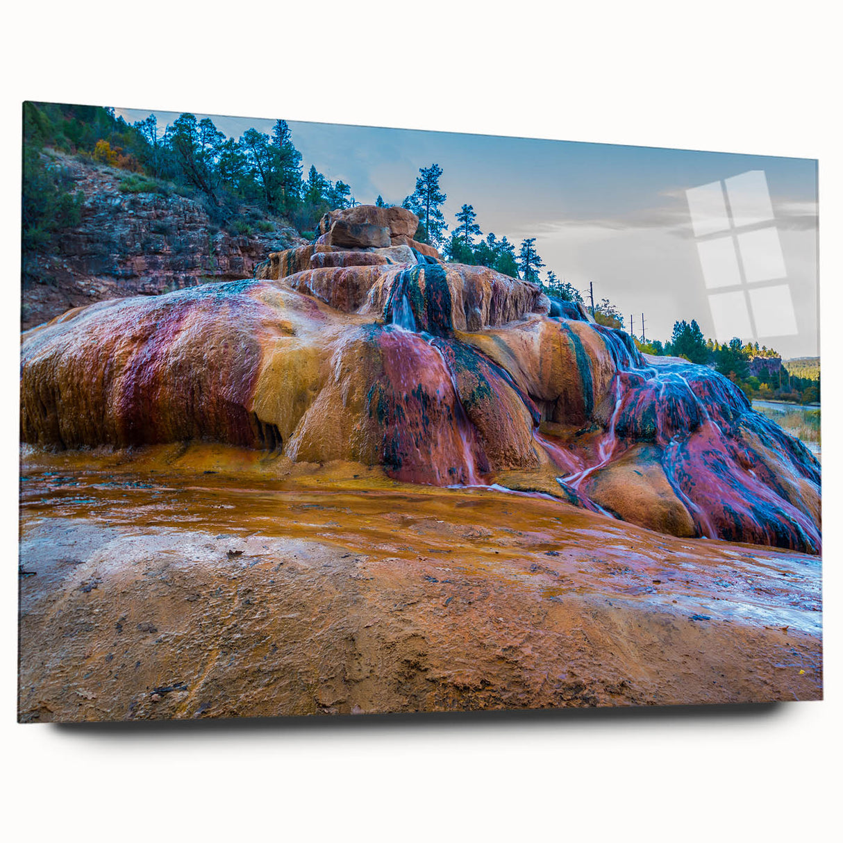 Acrylic glass wall art piece showcasing a serene hot spring landscape design, featuring vibrant colors and intricate details, ideal for home decor or relaxation spaces.