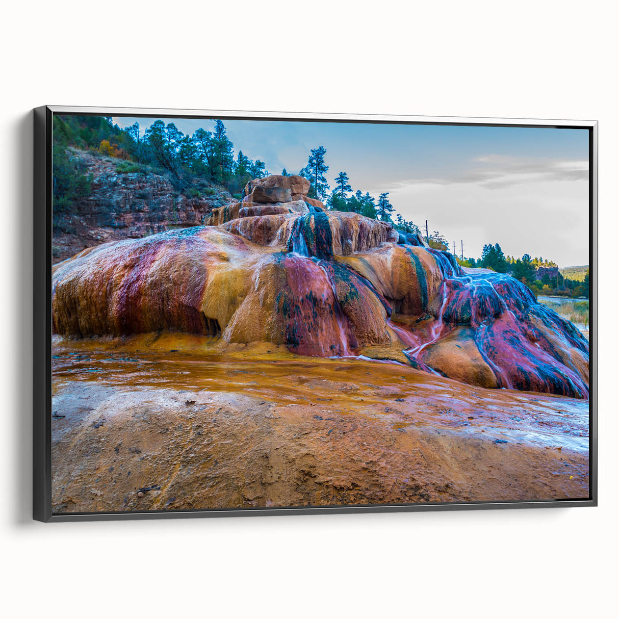 Framed landscape wall art featuring a serene hot spring design, presented in a sleek black frame, perfect for enhancing modern home decor.