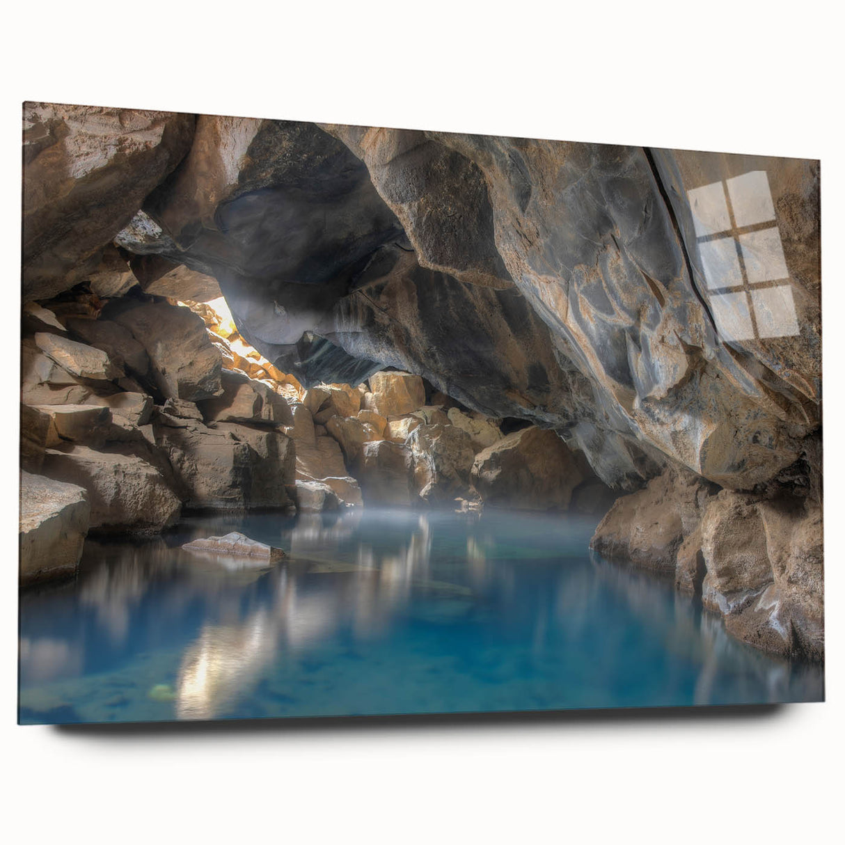 Acrylic wall art collection showcasing a vibrant hot spring landscape design, viewed from the side, highlighting its sleek edges and glossy finish, perfect for modern decor.