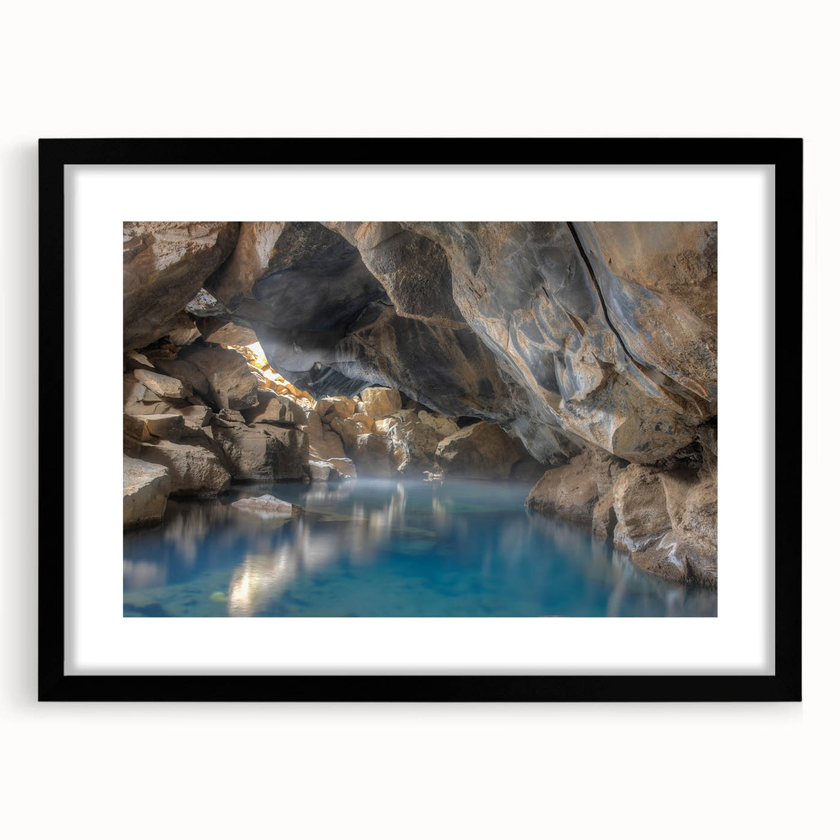 Framed wall art featuring a serene hot spring landscape design, with a black mat and sleek frame, perfect for enhancing modern home décor.