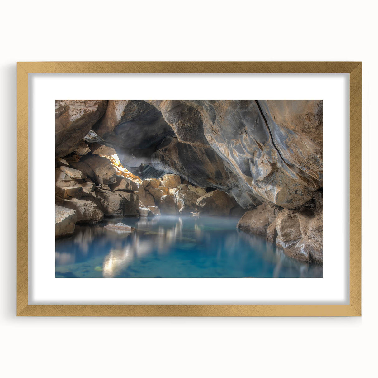 Framed wall art featuring a serene hot spring landscape design with gold accents, showcasing vibrant colors and intricate details, perfect for home decor.