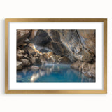 Framed wall art featuring a serene hot spring landscape design with gold accents, showcasing vibrant colors and intricate details, perfect for home decor.